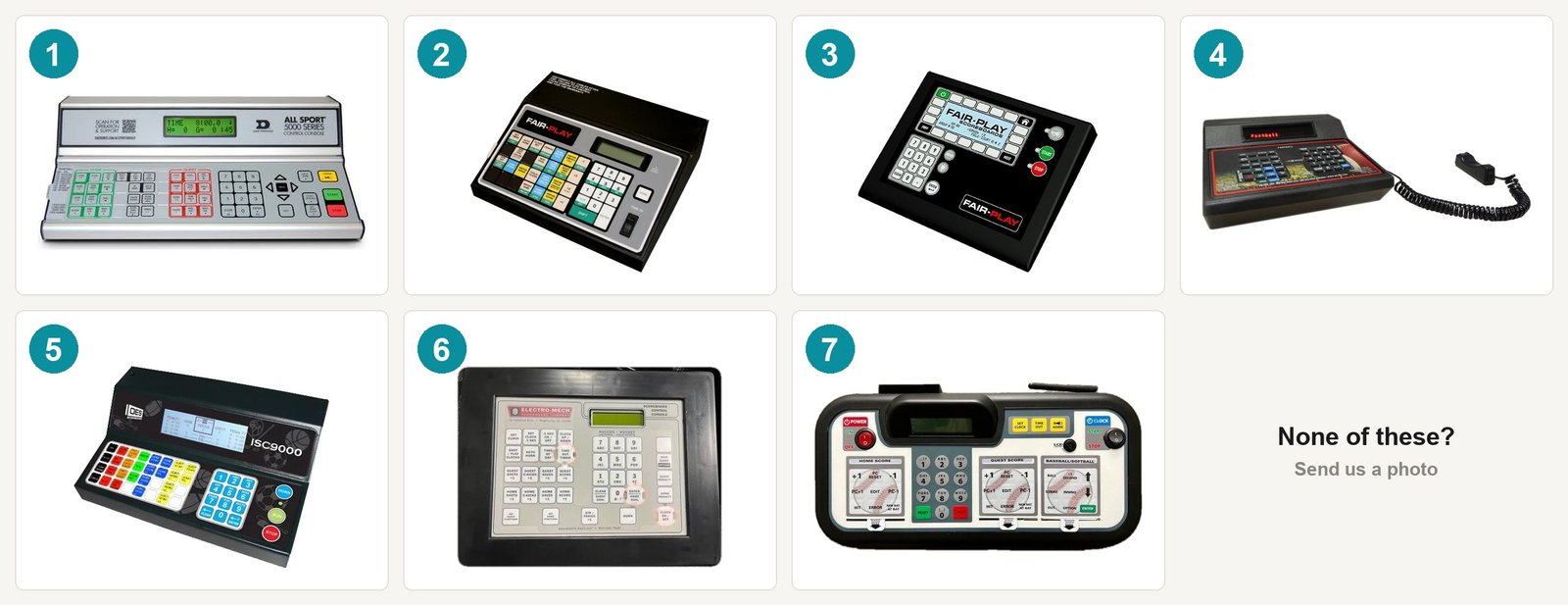 Seven scoreboard controllers numbered 1 to 7